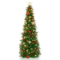 7.5' Pre-Lit Gold And Red Artificial Christmas Tree – Clear LED Lights