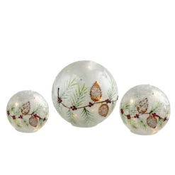 Set Of 3 LED Frosted Snowball Berries And Pine Glass Christmas Globes With Timer - 8"