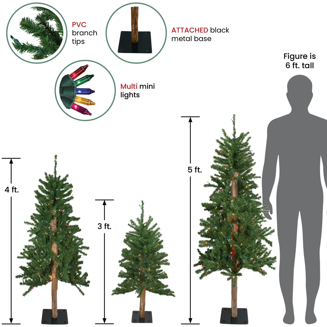 Set Of 3 Pre-Lit Slim Alpine Artificial Christmas Trees 5' - Multicolor Lights 2 Set Of 3 Pre-Lit Slim Alpine Artificial Christmas Trees 5' - Multicolor Lights - Image 2