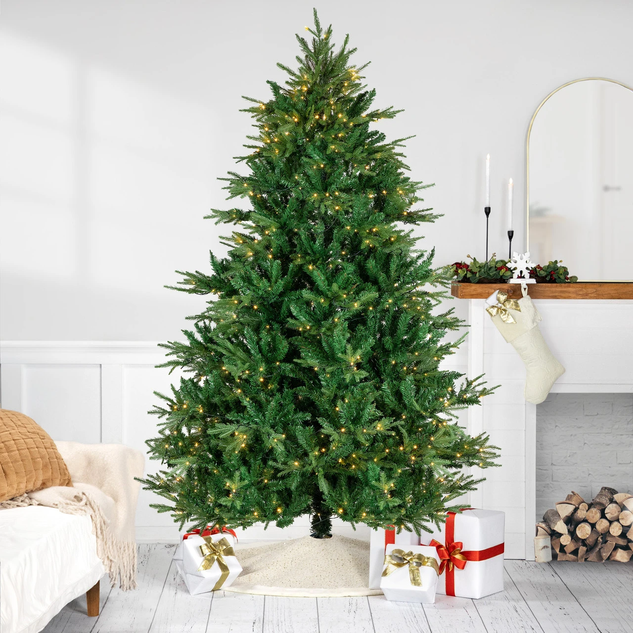 7.5' Pre-Lit Juniper Pine Artificial Christmas Tree, Warm White LED Lights 1 7.5' Pre-Lit Juniper Pine Artificial Christmas Tree, Warm White LED Lights