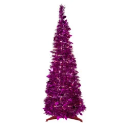 6' Pre-Lit Pink Tinsel Pop-Up Artificial Christmas Tree, Clear Lights