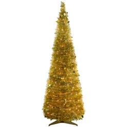 6' Pre-Lit Gold Tinsel Pop-Up Artificial Christmas Tree, Clear Lights