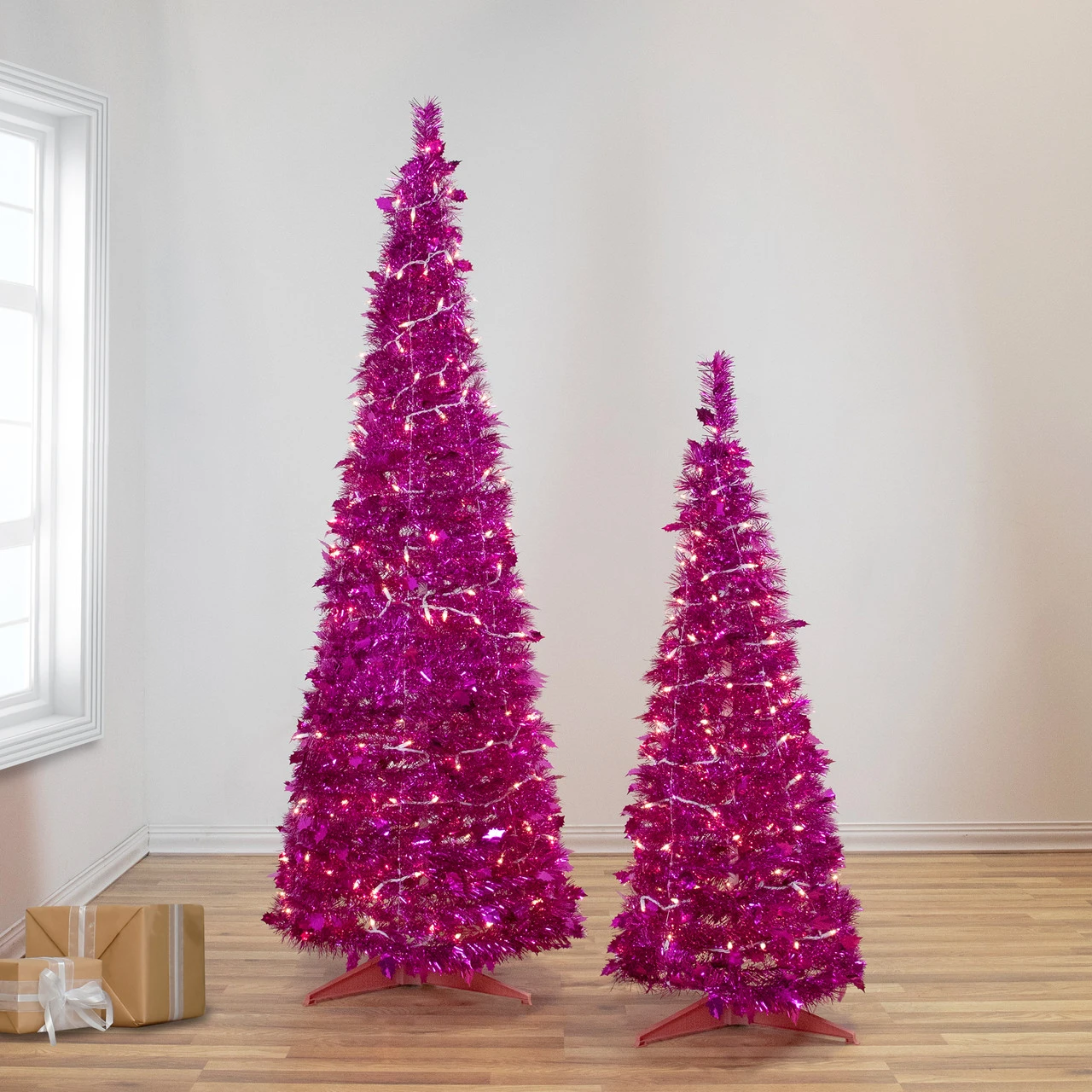4' Pre-Lit Pink Tinsel Pop-Up Artificial Christmas Tree, Clear Lights 2 4' Pre-Lit Pink Tinsel Pop-Up Artificial Christmas Tree, Clear Lights - Image 2