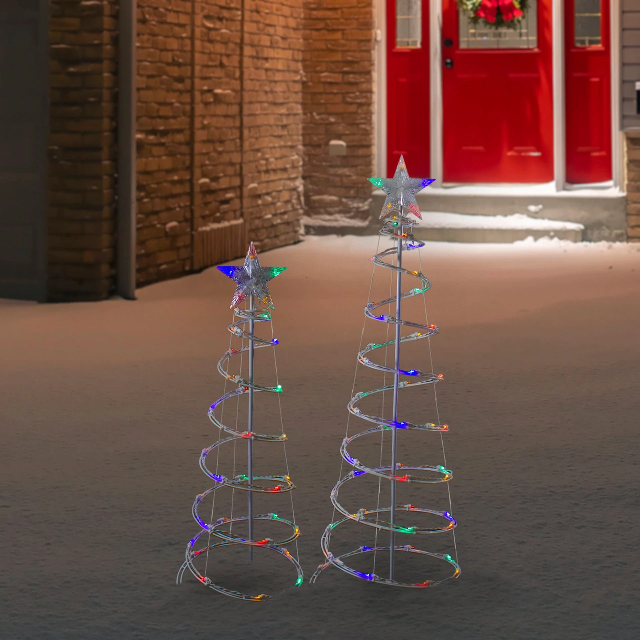 Set Of 2 LED Lighted Multi-Color Outdoor Spiral Christmas Cone Trees 3', 4' 2 Set Of 2 LED Lighted Multi-Color Outdoor Spiral Christmas Cone Trees 3', 4' - Image 2