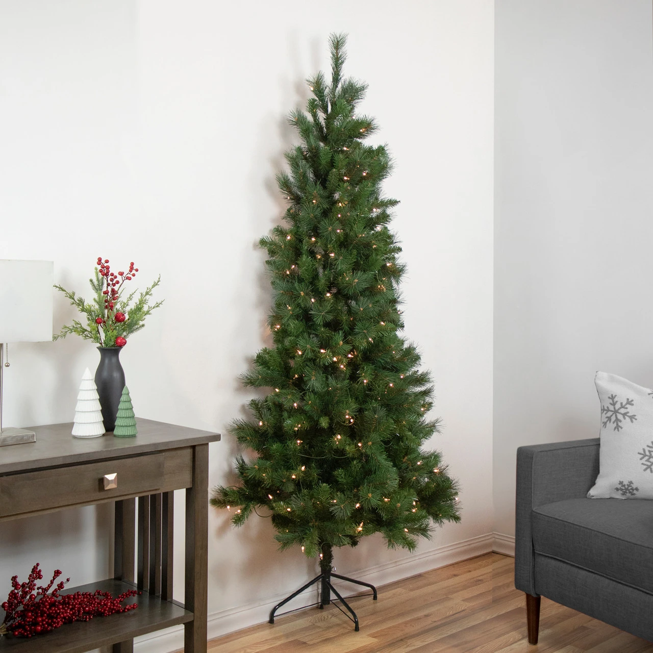 6.5' Pre-Lit Medium Beaver Pine Artificial Christmas Wall Tree, Clear Lights 2 6.5' Pre-Lit Medium Beaver Pine Artificial Christmas Wall Tree, Clear Lights - Image 2